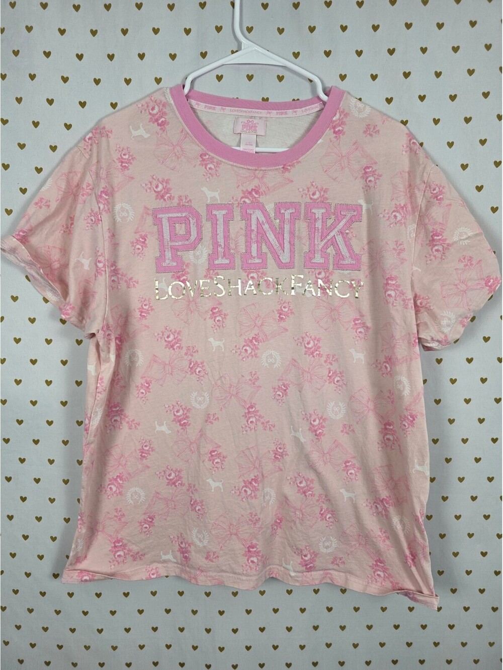 Victorias Secret PINK LOVESHACKFANCY Bows Logo Tee shirt LARGE Floral Campus Tee